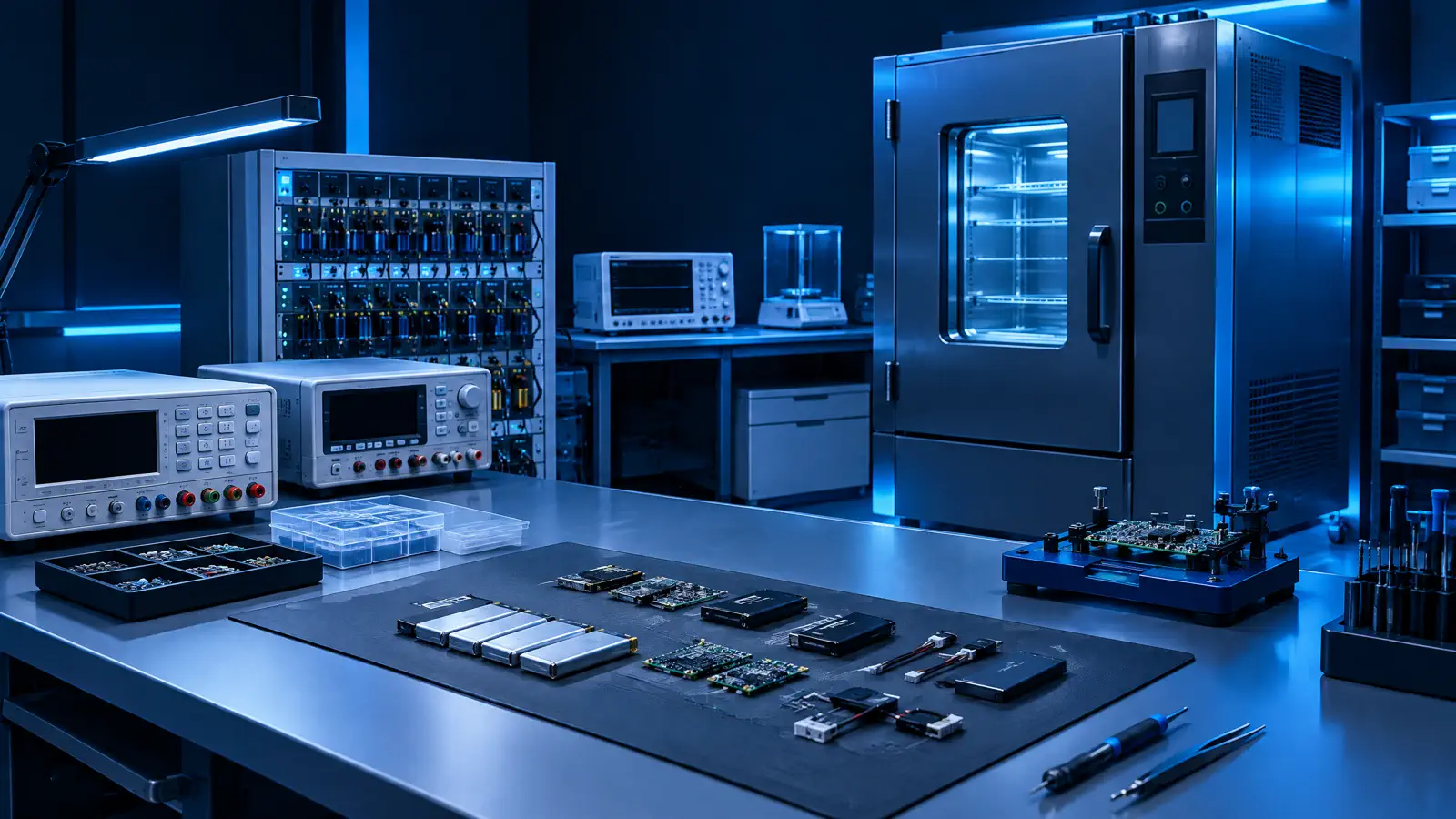 Kwaliteitslaboratorium met testapparatuur voor elektronische hardware